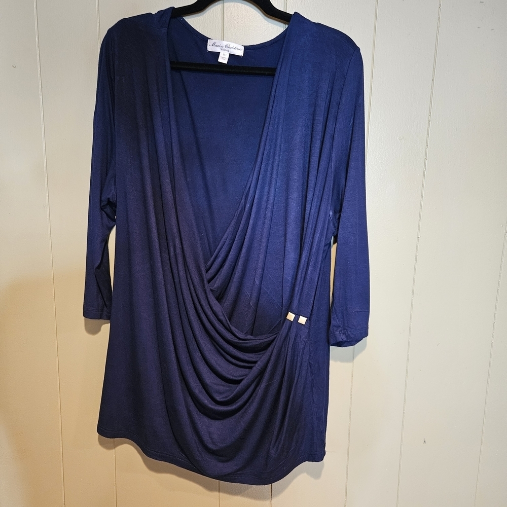 Marsia Christian Navy Blue Draped Top 1X Plus Size Wrap Style Tunic Soft Stretch